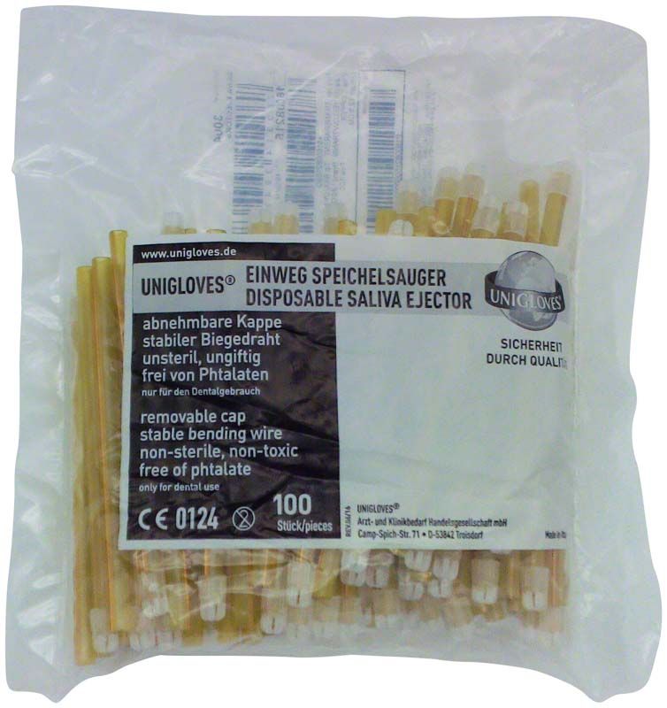 Einweg-Speichelsauger mit gelben Kappen in Kunststoffverpackung.