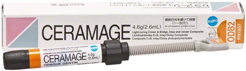 Ceramage Opaque Dentin ODB2 Spritze vor Verpackung mit Produktinformationen.