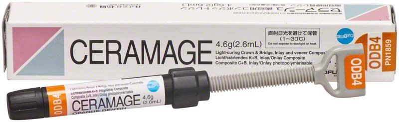 Ceramage Opaque Dentin ODB4 Spritze vor Verpackung mit Shofu-Logo.