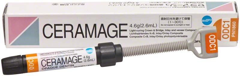 Ceramage Opaque Dentin ODC1 Spritze mit Verpackung im Hintergrund.