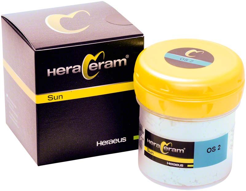 HeraCeram® Sun Opalschneide OS2 in gelbem Behälter mit Verpackung.