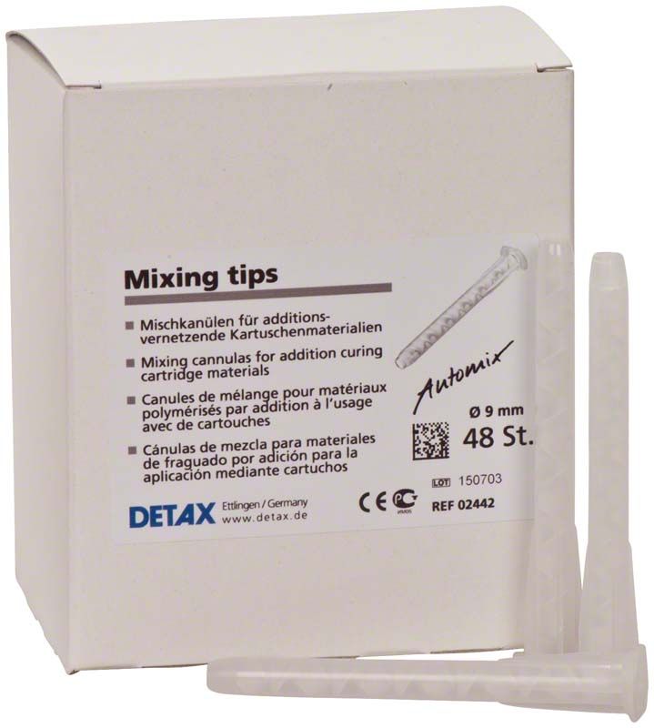Mischkanülen Automix 9mm, 48 Stück in weißer Verpackung.