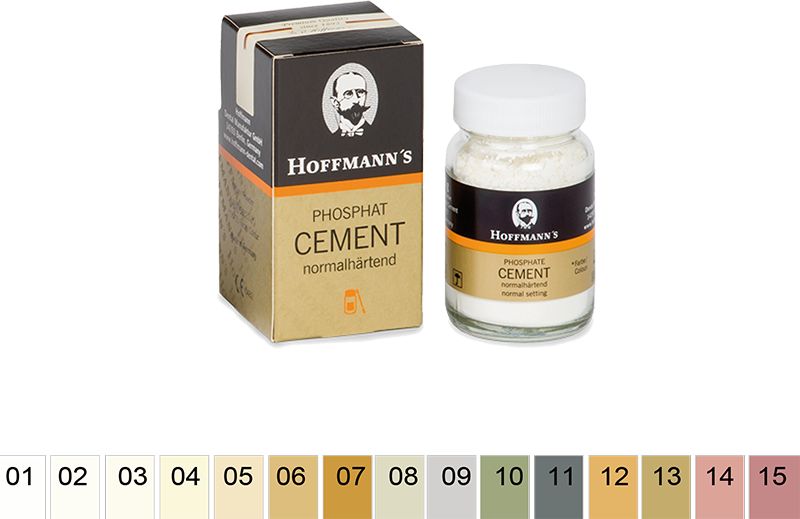 Hoffmann's Phosphat Cement Verpackung und Glasbehälter mit Pulver.