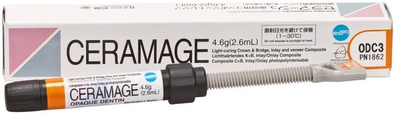 Ceramage Opaque Dentin ODC3 Spritze vor Produktverpackung mit Shofu Dental Logo.