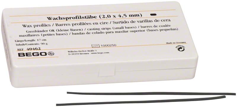 Wachsprofilstäbe Gussbänder 2,0 x 4,5 mm in weißer Verpackung.