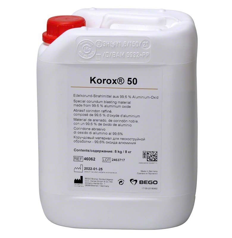 Korox® 50 Strahlmittelbehälter, 8 kg, 99,6 % Aluminium-Oxid, von BEGO.