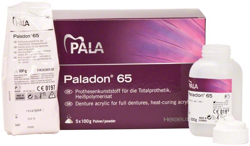 Paladon® 65 Pulver 500g rosa Verpackung mit Flasche und Beipackzettel.