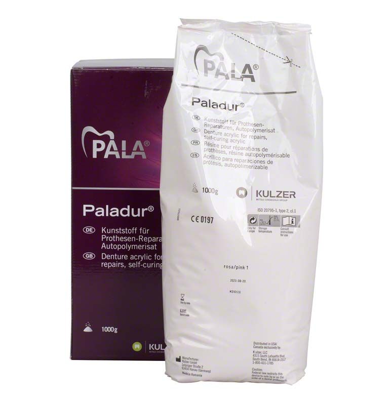 Paladur® Pulver 1000g rosa Verpackung mit Kulzer-Logo.