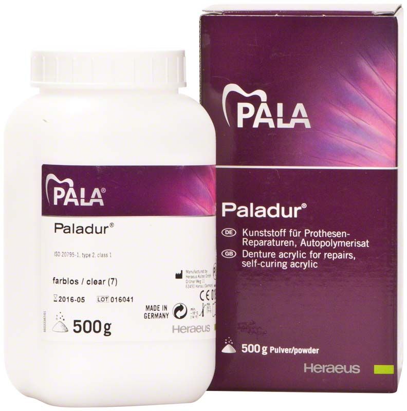 Paladur® Pulver 500g Verpackung und Kunststoffbehälter, dentaler Prothesenkunststoff.
