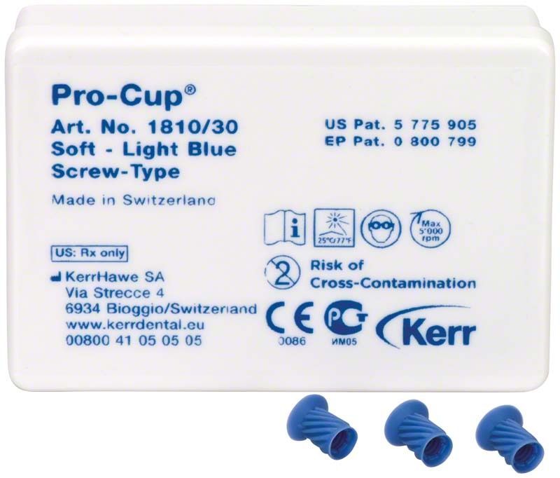 Hellblauer Pro-Cup® von Kerr für professionelle Zahnreinigung, Verpackung und Produktansicht.
