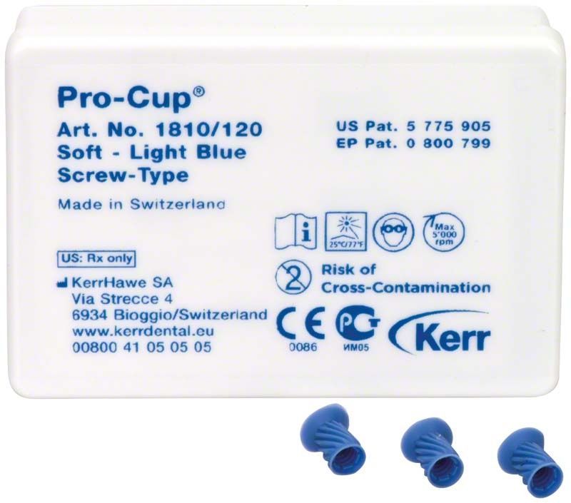 Pro-Cup® weich screw-type 120er in Verpackung mit drei blauen Aufsätzen.