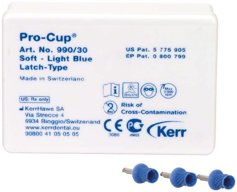 Hellblaue Pro-Cup® Zahnreinigungsaufsätze in Verpackung mit Produktinformationen.