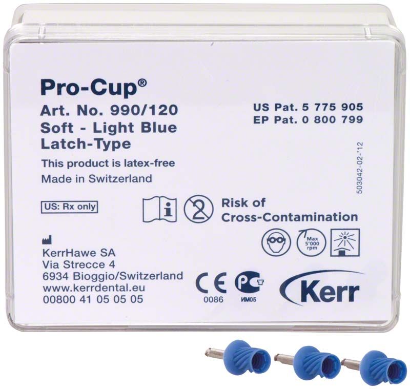 Pro-Cup® weich Winkelstück in hellblau mit Verpackung und Produktdetails.