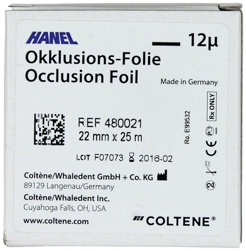 HANEL Okklusionsfolie 12µ einseitig in Verpackung von Coltene Whaledent.