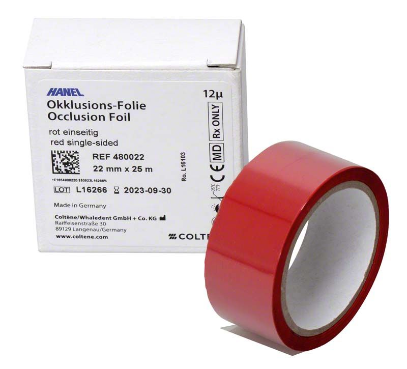 HANEL Okklusionsfolie einseitig, 22mm rot, mit Verpackung.