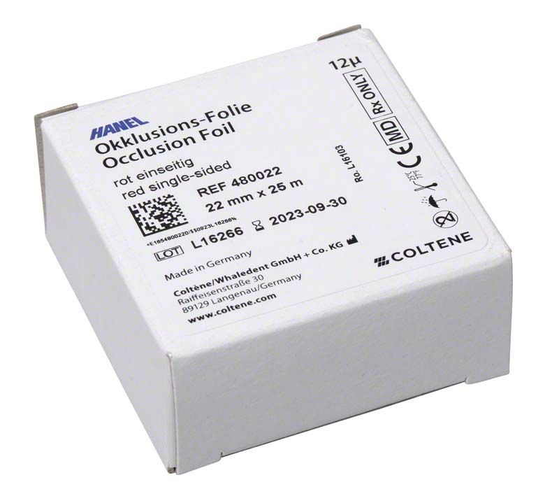 HANEL Okklusionsfolie, 22mm rot, Verpackung mit Produktspezifikationen.