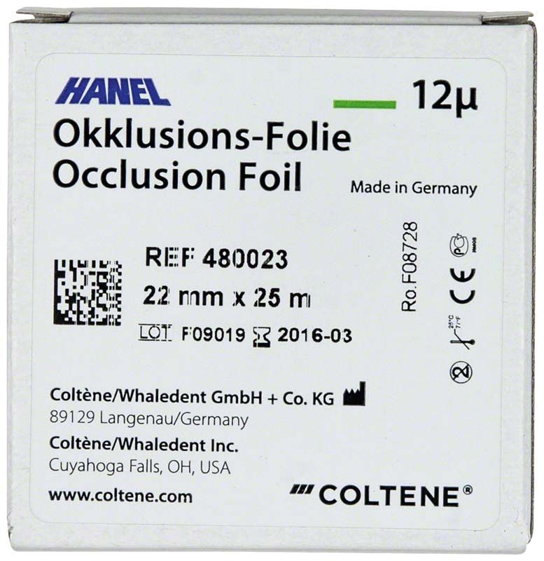 HANEL Okklusionsfolie 22 mm, grün, einseitig, auf Verpackung.