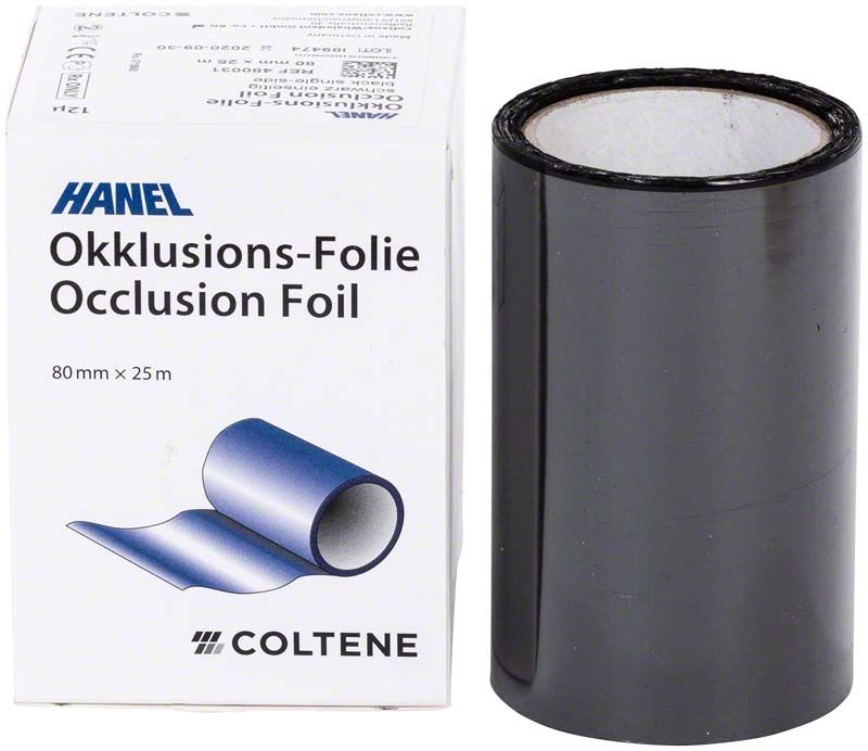 HANEL Okklusionsfolie einseitig, 80 mm, schwarze Rolle neben Verpackung.