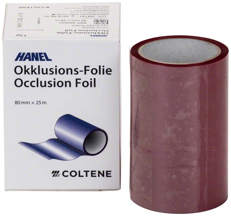 HANEL Okklusionsfolie einseitig, 80mm, rot, mit Verpackung von Coltene.