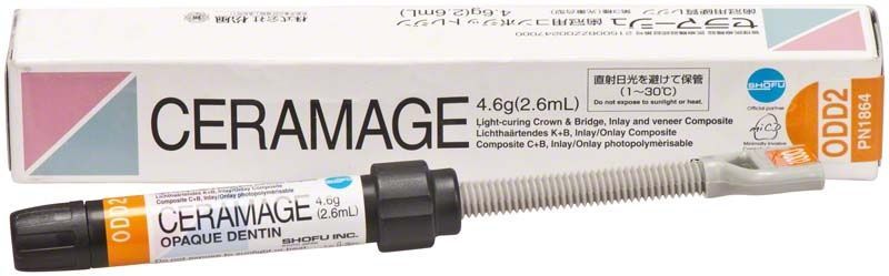 Ceramage Opaque Dentin ODD2 Spritze vor Verpackung mit Produktinformationen.