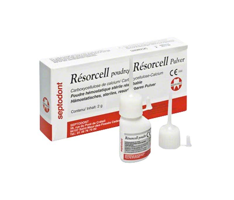 Resorcell Pulver von Septodont mit Verpackung und Applikator.