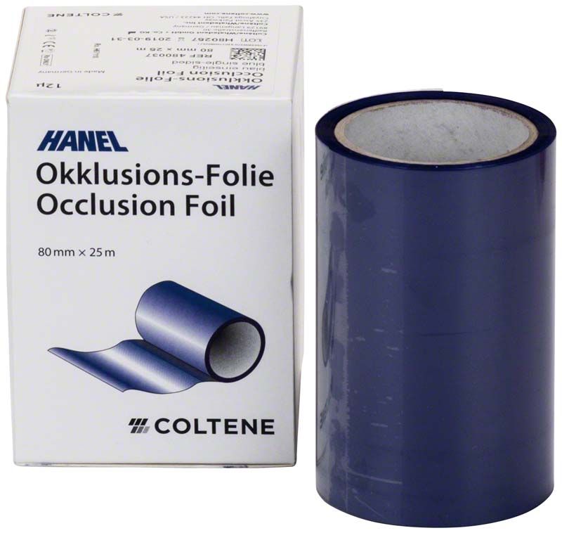 HANEL Okklusionsfolie in Blau, 80mm, neben Produktverpackung von Coltene.