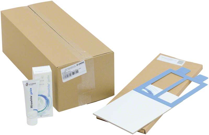 Braunverpacktes Mirawhite® gelée Set mit 8 x 100ml Tuben.