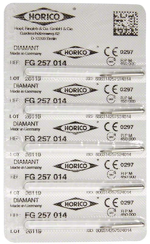Verpackung mit Diamant FG 257 014 Schleifinstrumenten von Horico.