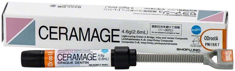 Keramisches Dentalmaterial Ceramage Opaque Dentin ODRootA in Kartonverpackung.