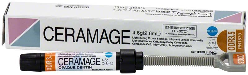 Ceramage Opaque Dentin ODR3,5 Verpackung und Spritze mit Verschlusskappe.