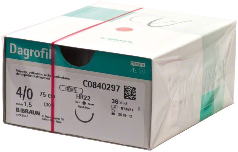 Verpackung von Dagrofil® 4/0 HR22 chirurgischem Nahtmaterial, 75 cm, 36 Stück.