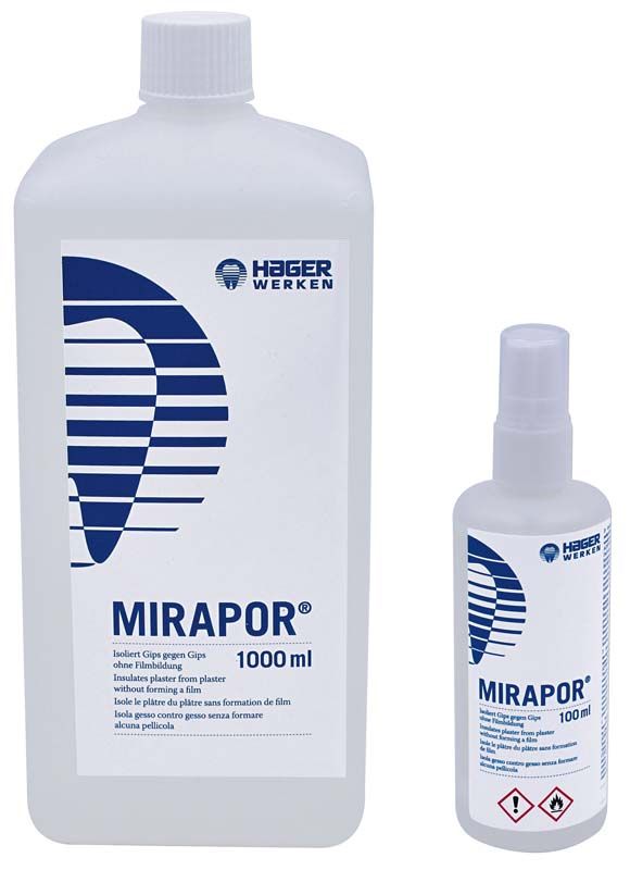 Flasche und Sprühflasche der Isoliermittel Mirapor® für dentalen Gips.