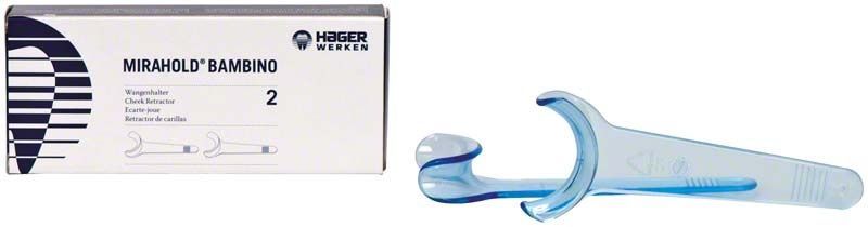 Mundöffner Mirahold Bambino mit langem Griff vor Verpackung.