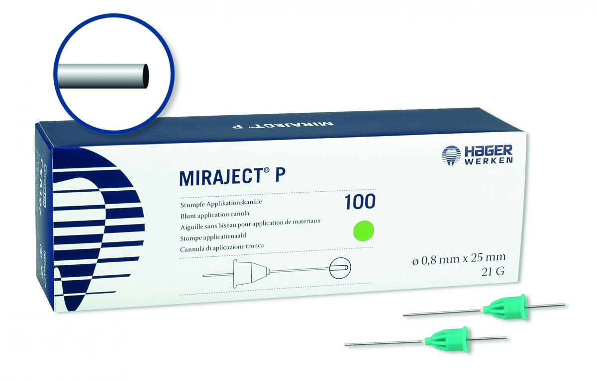 Verpackung der Miraject P Applikationskanüle 21G, 0,8 x 25 mm.