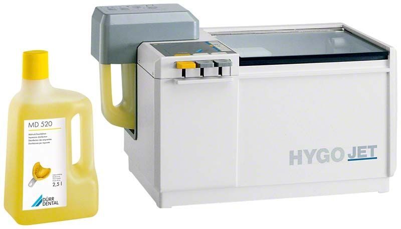 Hygojet-Gerät mit Reinigungsmittel in gelber Flasche.