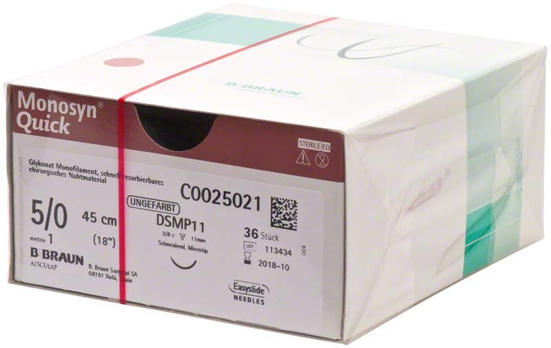 Verpackung von Monosyn® Quick chirurgischem Nahtmaterial, 5/0, 45 cm, sterilisiert.