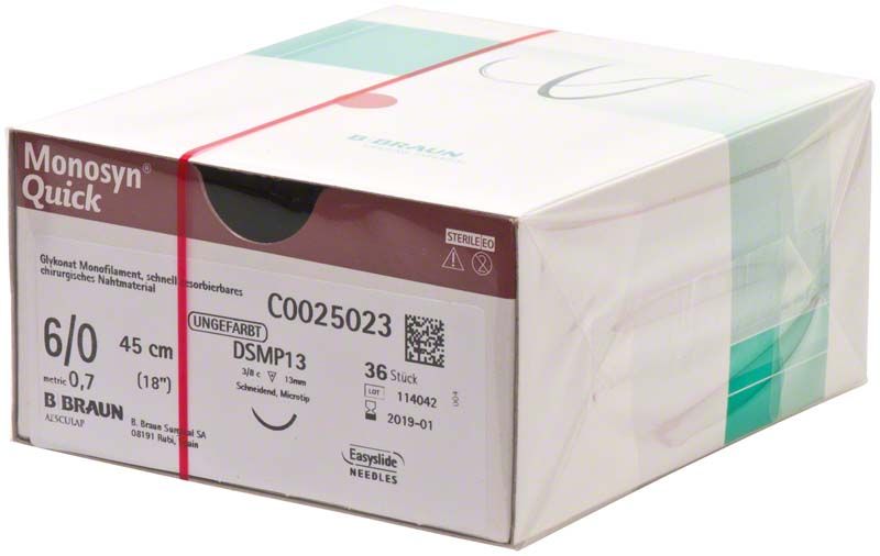 Monosyn® Quick chirurgisches Nahtmaterial, 6/0, 45cm, sterile Verpackung.