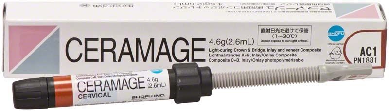Ceramage Hals AC1 Komposit-Spritze und Verpackung von Shofu Dental.