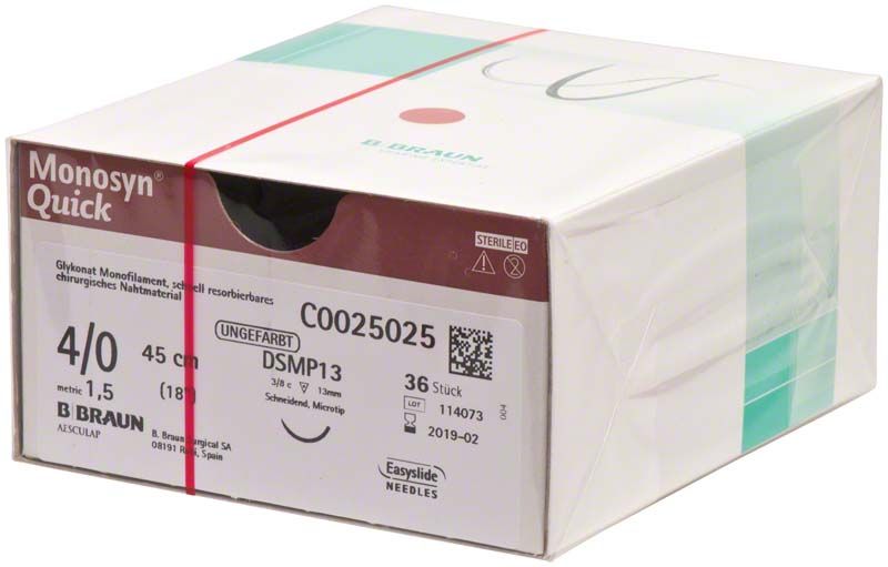 Verpackung von Monosyn® Quick 4/0, 45 cm, ungefärbtes chirurgisches Nahtmaterial.