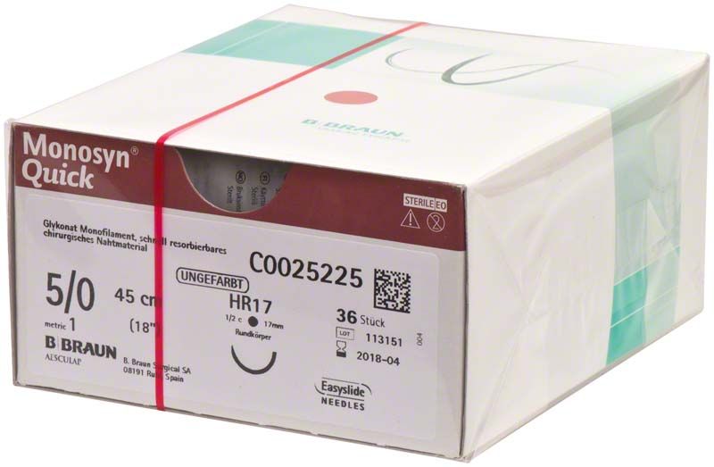 Monosyn® Quick chirurgisches Nahtmaterial in Originalverpackung, Größe 5/0, 45 cm.