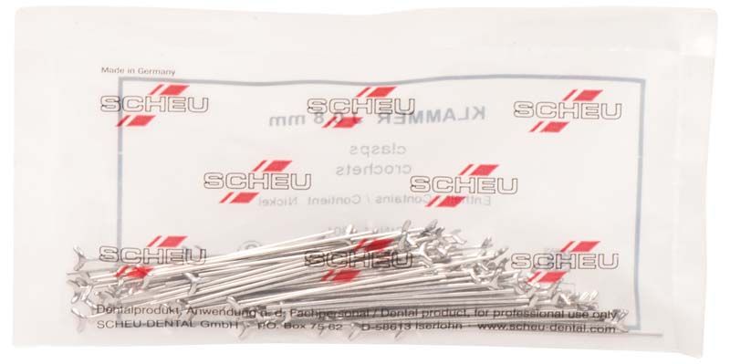 J-Klammer Ø 0,8mm in Verpackung mit sichtbaren Klammern und Etikett.