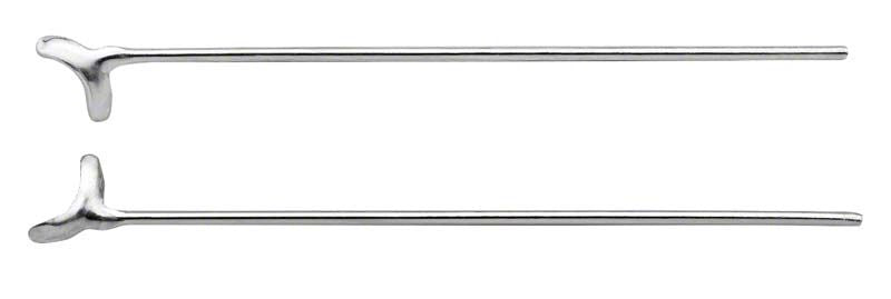 Zwei gerade Edelstahl-KFO-Klammern mit hochglänzender Oberfläche.