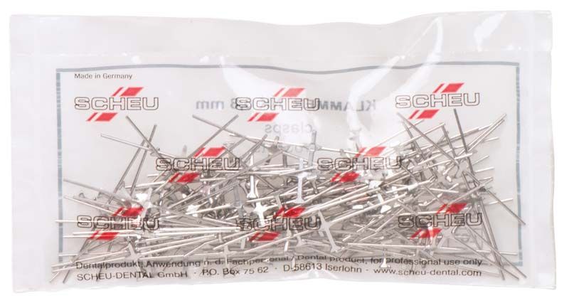 Tüte mit 100 silbernen NK-Klammern Ø 0,8mm, teils sichtbar durch transparente Verpackung.