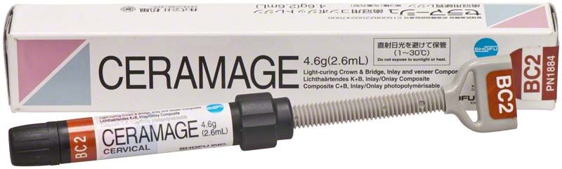 Ceramage Hals BC2 Verblendkunststoffspritze mit Verpackung im Hintergrund.
