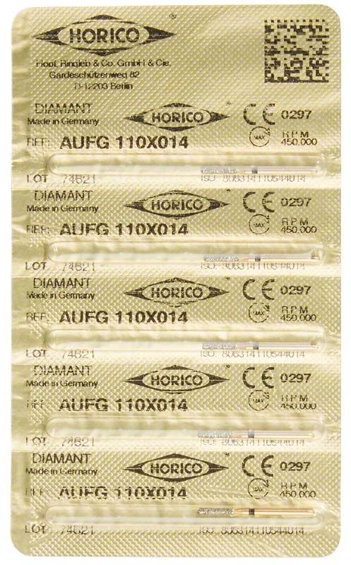 Verpackung mit fünf Löwenschleifer AuFG 110X 014 Diamantinstrumenten.