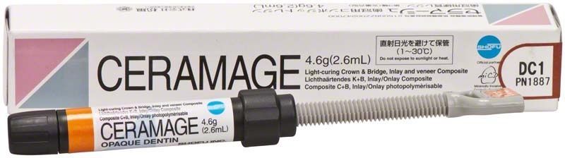 Verblendkunststoff Ceramage Hals DC1 mit Verpackung und Applikationsspritze.