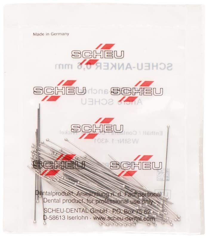 SCHEU-Anker Ø 0,6mm in durchsichtiger Verpackung mit rotem Logo.