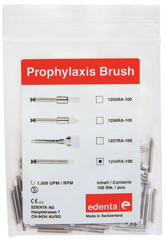 Prophylaxe Nylonbürsten weiß, klein, in Verpackung mit rotem Etikett.