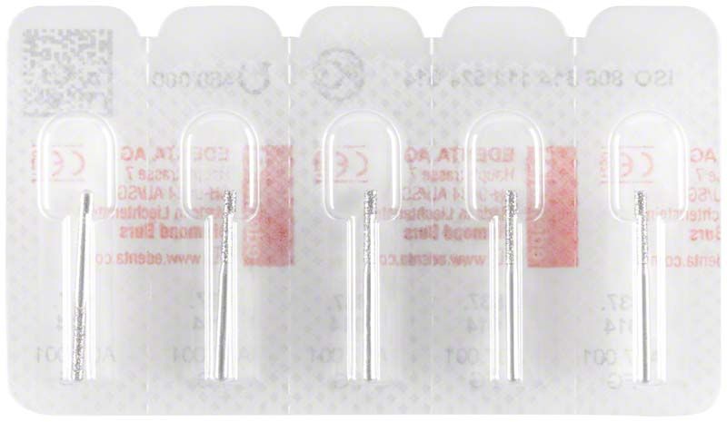 Transparente Blisterpackung mit vier Diamant-FG 837 014 Zahnarztbohrern.