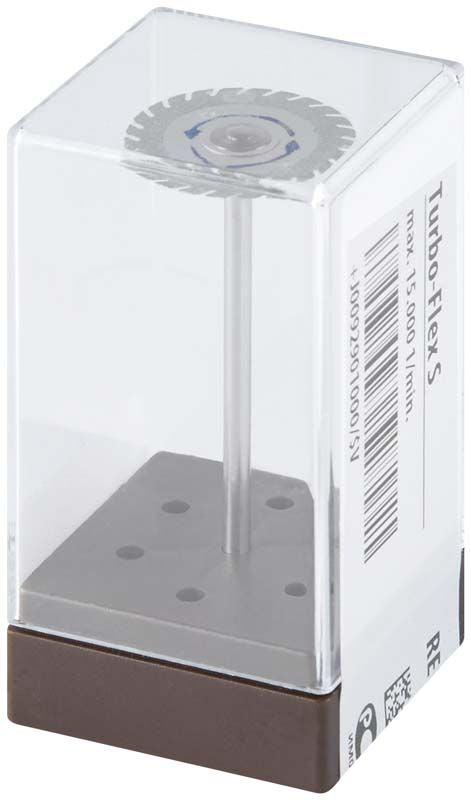 Turbo Flex S Trennscheibe Ø 19mm in transparenter Verpackung mit Halterung.